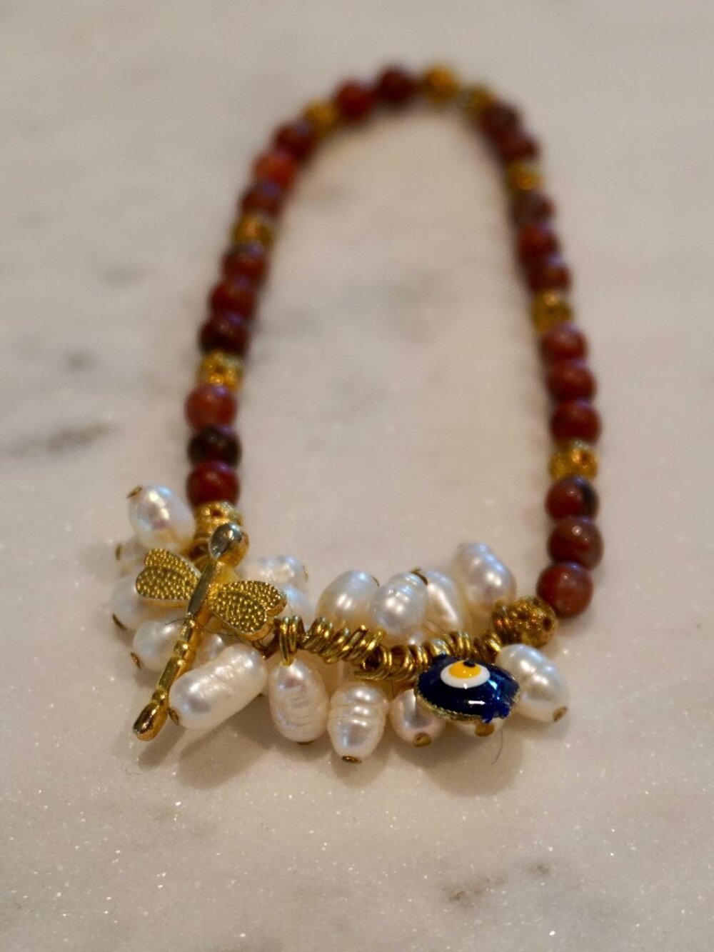 Handmade Jasper Bead Bracelet, Evil Eye, Dragonfly, Genuine Pearls